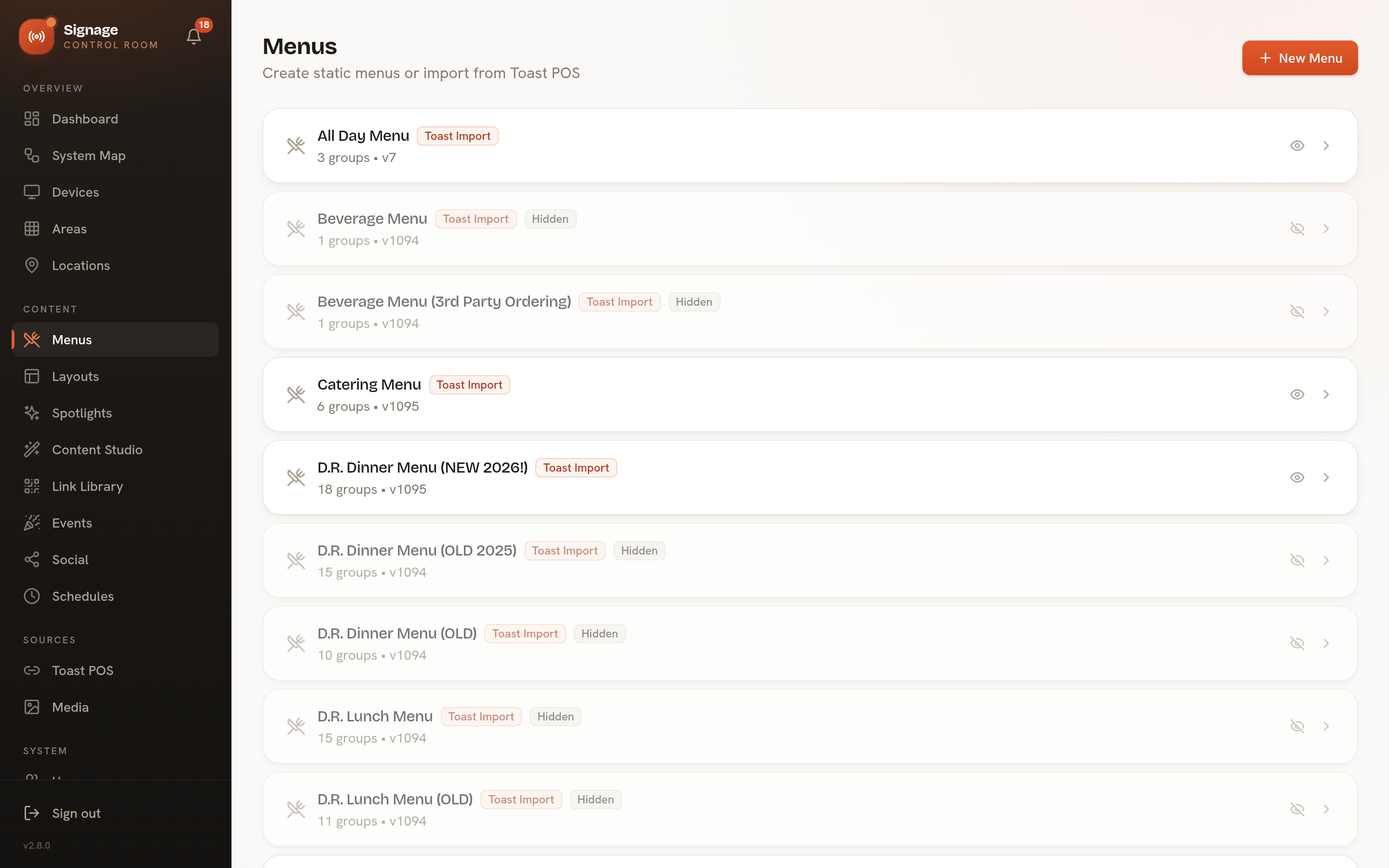 Live menus